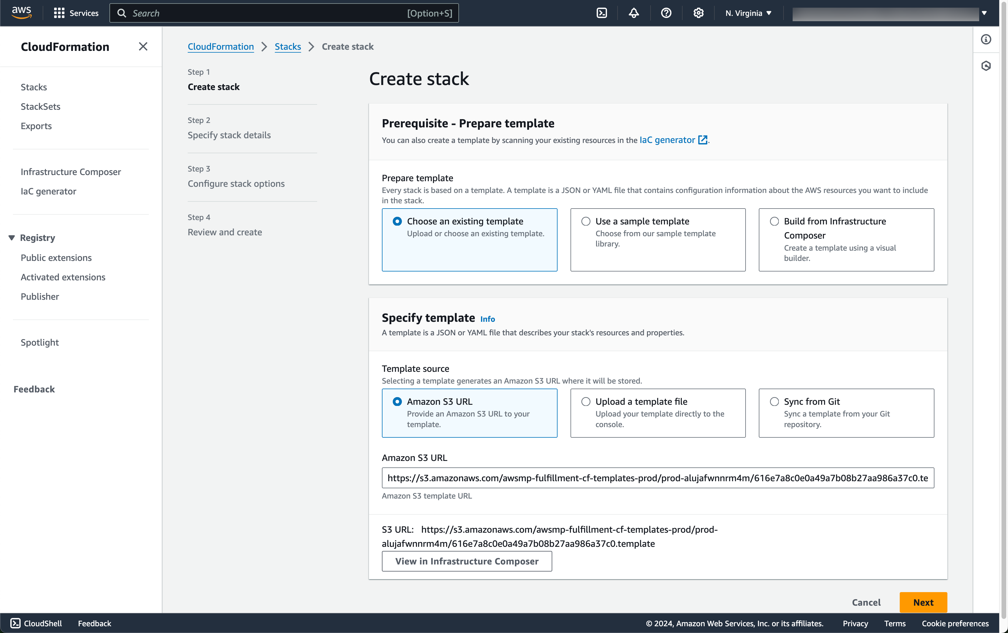 Ockam node for Amazon Timestream InfluxDB - create stack screen